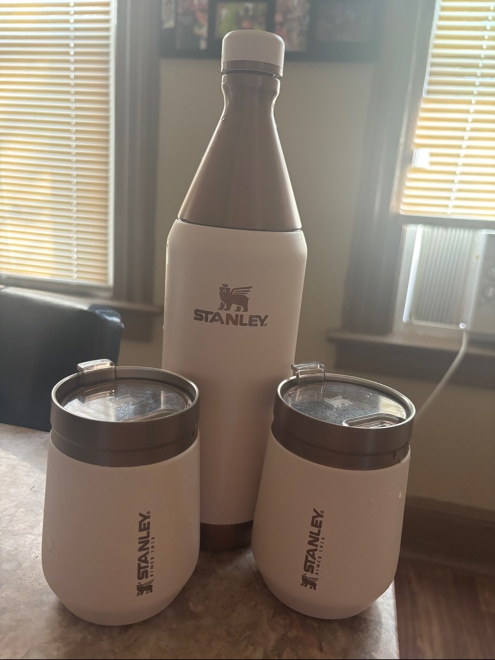 Stanley White and Brown Insulated Bottle with 2 Matching Tumblers
